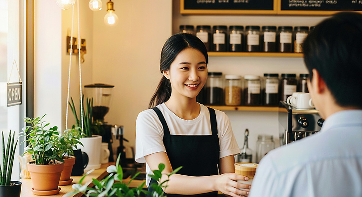 JPG 식물 편집이미지 여유 커피 음료 탁자 대화 미소 웃음 카페 분위기 고객 서비스 바리스타 오후 의료성형뷰티 편집실사 AI인물포토 AI콘텐츠 직업 감정 가구 컨셉 표정 말하기 상점 CG 파일형식 AI포토