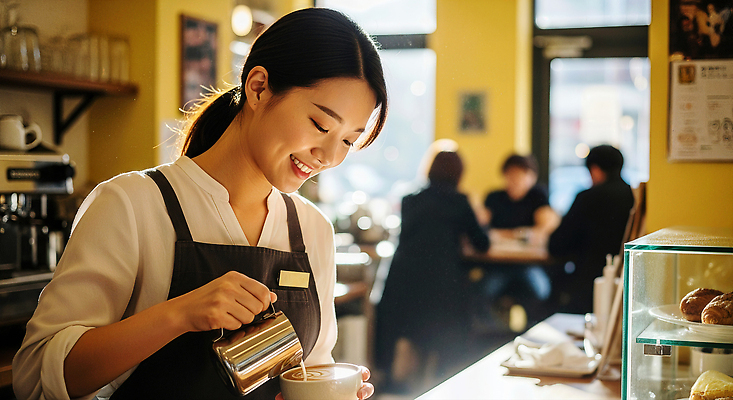 JPG 편집이미지 커피 음료 여러명 카페 작업 고객 즐거움 바리스타 소통 오후 의료성형뷰티 편집실사 AI인물포토 AI콘텐츠 직업 감정 다수 컨셉 사람 상점 CG 파일형식 AI포토