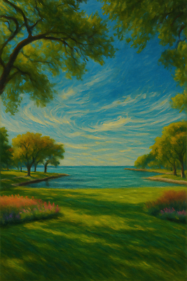 JPG 나무 공원 꽃 호수 하늘색 꽃밭 일러스트 자연 하늘 풍경 초원 야외 물 여름 평화 산책 신선 뷰티풀 차분 국내일러스트 AI일러스트 AI콘텐츠 자연요소 식물 계절 공공시설 컨셉 휴식 파란색 생태계 파일형식