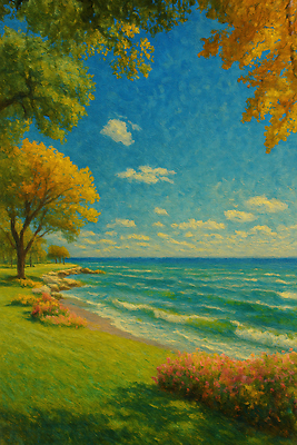 JPG 나무 공원 꽃 물결 일러스트 자연 하늘 바람 휴식 풍경 야외 파란색 햇빛 평화 가을 수면 강가 조화 국내일러스트 AI일러스트 AI콘텐츠 자연요소 식물 계절 공공시설 컬러 컨셉 날씨 물 강 태양 생태계 파일형식