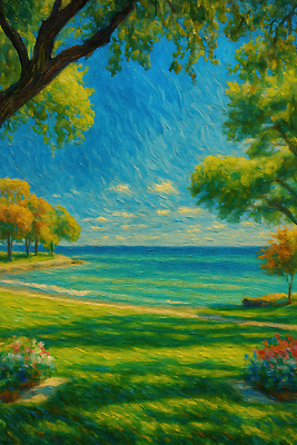 JPG 나무 구름 꽃 호수 바다 일러스트 자연 하늘 휴식 풍경 잔디 여름 파란색 태양 평화 산책 숲 시원함 뷰티풀 오후 국내일러스트 AI일러스트 AI콘텐츠 자연요소 식물 계절 컬러 컨셉 생태계 파일형식