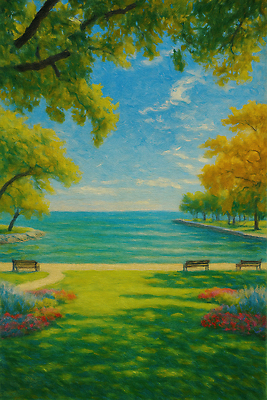 JPG 나무 구름 화초 호수 여유 컬러 벤치 일러스트 자연 하늘 바람 휴식 풍경 잔디 산책 가을 녹음 편안함 뷰티풀 국내일러스트 AI일러스트 AI콘텐츠 자연요소 식물 계절 감정 컨셉 의자 날씨 기록 감각 생태계 파일형식