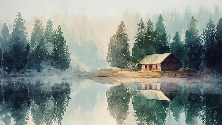 JPG 나무 호수 여유 일러스트 자연 아침 풍경 반사 평화 맑음 고요 안개 수면 숲속 숲 오두막 국내일러스트 AI일러스트 AI콘텐츠 주간 식물 감정 컨셉 날씨 물 생태계 파일형식