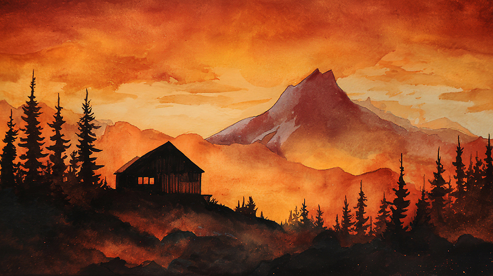 JPG 나무 실루엣 예술 컬러 여행 일러스트 자연 하늘 불꽃 산 풍경 고요 일몰 도전 저녁 숲 오두막 그림 조화 뷰티풀 풍경화 국내일러스트 AI일러스트 AI콘텐츠 식물 불 촬영기법 노을 야간 생태계 파일형식