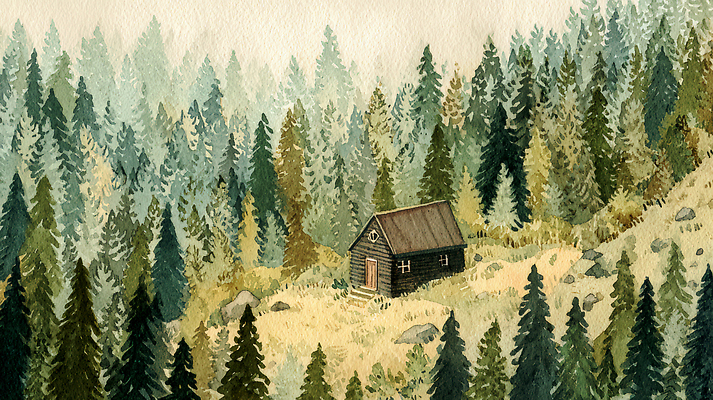 JPG 나무 여유 일러스트 자연 생명 산 풍경 초원 생활 햇빛 평화 환경 고요 숲 오두막 고립 뷰티풀 국내일러스트 AI일러스트 AI콘텐츠 식물 감정 컨셉 태양 생태계 파일형식