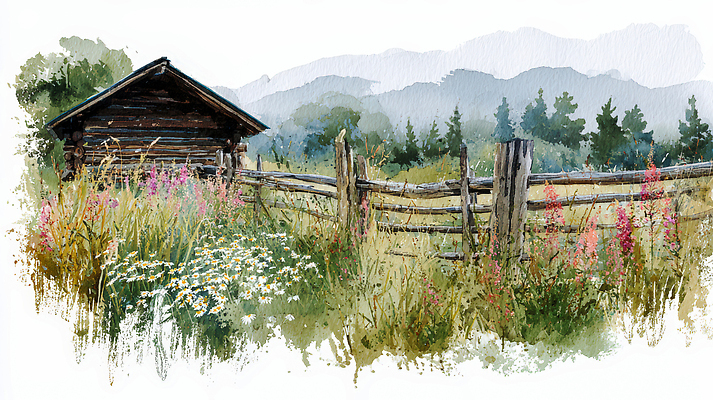 JPG 식물 꽃밭 일러스트 자연 수채화 산 풍경 초원 초록색 여름 울타리 평화 정원 농촌 시골 숲 오두막 조용 뷰티풀 국내일러스트 AI일러스트 AI콘텐츠 계절 꽃 컬러 컨셉 담장 생태계 파일형식