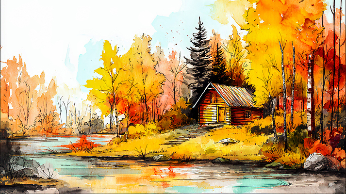 JPG 나무 계절 호수 여유 일러스트 자연 하늘 수채화 사랑 풍경 평화 산책 도전 가을 숲 오두막 조용 뷰티풀 색채 국내일러스트 AI일러스트 AI콘텐츠 식물 감정 컨셉 휴식 생태계 파일형식