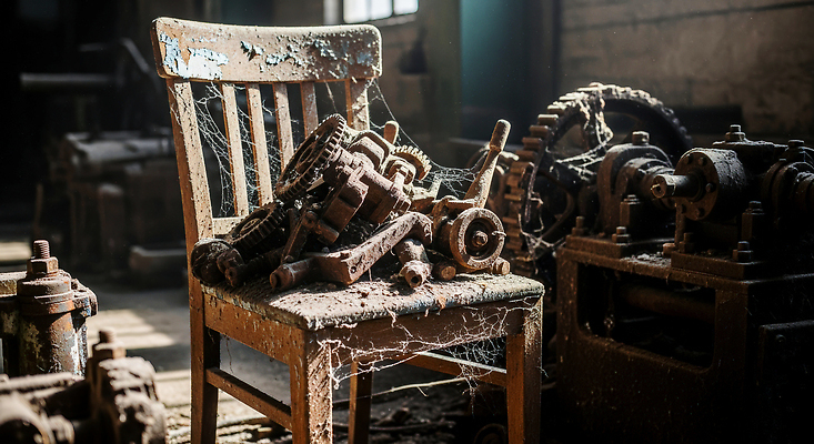 JPG 편집이미지 산업 의자 노후 기계 공간 작업실 부속품 거미줄 철 버리기 부식 먼지 구식 상실 편집실사 AI포토 AI콘텐츠 가구 모션 CG 오브젝트 파일형식