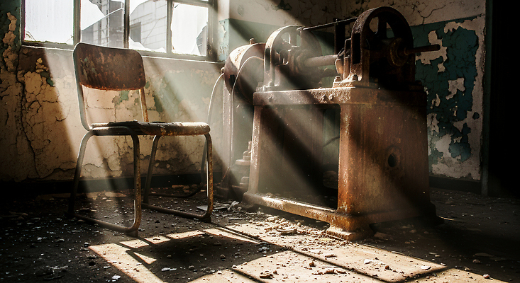 JPG 편집이미지 의자 창문 공장 빛 기계 고요 공간 방 시간 빈티지 분위기 부식 폐허 철제 흙먼지 편집실사 AI포토 AI콘텐츠 가구 컨셉 공업 CG 먼지 파일형식