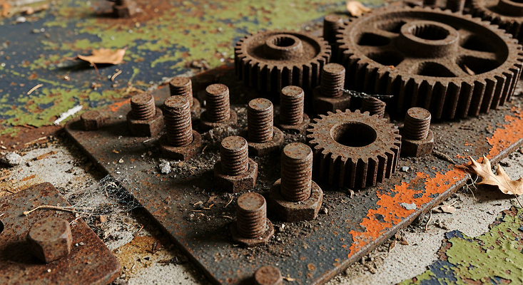 JPG 편집이미지 산업 공장 나뭇잎 바닥 잠김 빈티지 부속품 부식 먼지 볼트 기어 작업대 철강 편집실사 AI포토 AI콘텐츠 컨셉 잎 공업 공구 CG 오브젝트 파일형식