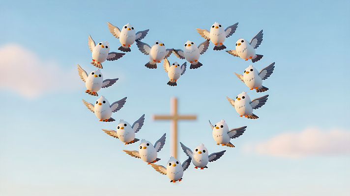 JPG 구름 편집이미지 종교 상징 십자가 자연 조류 하늘 밝음 사랑 평화 귀여움 하트 비둘기 조화 편집3D AI컴퓨터그래픽 AI콘텐츠 자연요소 모양 동물 감정 컨셉 3D 생태계 파일형식
