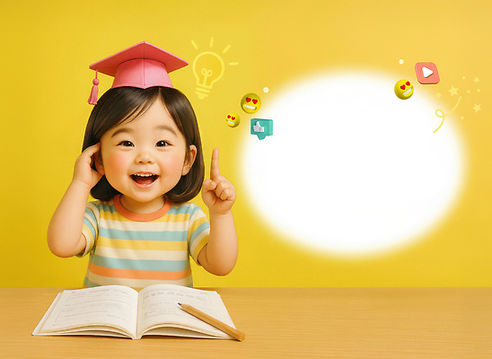 JPG 편집이미지 교육 어린이 생각 학사모 손가락 놀이 표정 웃음 책 학습 성장 즐거움 노란배경 밝은색 홈스쿨링 이미지편집 AI컴퓨터그래픽 AI콘텐츠 모자_잡화 손 감정 백그라운드 졸업 사람 노란색 홈스쿨 파일형식
