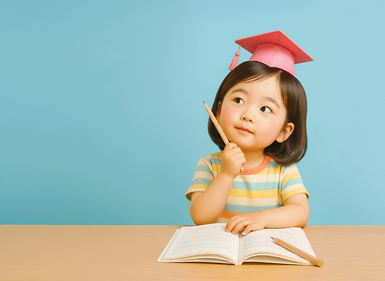 JPG 편집이미지 교육 어린이 생각 학사모 모션 표정 밝음 책 파란색 학습 연필 집중 위치 창의성 홈스쿨링 이미지편집 AI컴퓨터그래픽 AI콘텐츠 모자_잡화 컬러 컨셉 졸업 학용품 사람 필기구 홈스쿨 파일형식