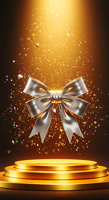 JPG 편집이미지 기념일 리본 상징 조명 선물 이벤트 장식 반짝임 축제 금색 화려 분위기 입자 은색 주목 포디움 이미지편집 AI컴퓨터그래픽 AI콘텐츠 컬러 컨셉 모션 무대 파일형식
