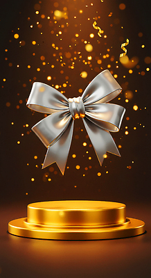 JPG 편집이미지 리본 백그라운드 조명 기념 선물 이벤트 공중 장식 축제 축하 화려 은색 포디움 이미지편집 AI컴퓨터그래픽 AI콘텐츠 컬러 컨셉 무대 파일형식