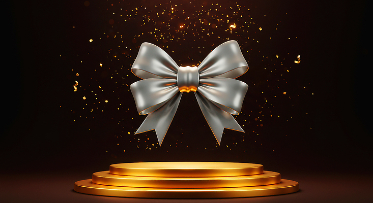 JPG 편집이미지 리본 백그라운드 기념 장식 빛 반짝임 금색 축하 화려 우아함 입자 은색 포디움 이미지편집 AI컴퓨터그래픽 AI콘텐츠 컬러 컨셉 모션 무대 파일형식