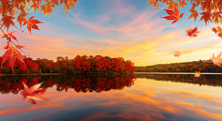 JPG 편집이미지 호수 물결 컬러 단풍 자연 하늘 나뭇잎 풍경 반사 노을 가을 저녁 숲 지역 편집실사 AI컴퓨터그래픽 AI콘텐츠 자연요소 계절 잎 야간 CG 생태계 파일형식