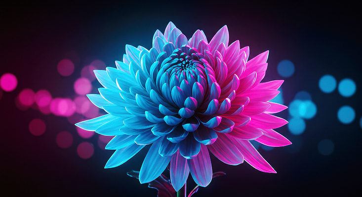 JPG 식물 편집이미지 꽃 예술 분홍색 컬러 자연 생명 조명 국화 형상 파란색 빛 화사함 뷰티풀 편집실사 AI컴퓨터그래픽 AI콘텐츠 컨셉 CG 생태계 파일형식