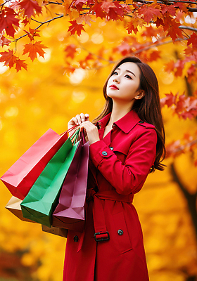 JPG 편집이미지 여자 패션 백그라운드 단풍 자연 거리 표정 빨간색 쇼핑 쇼핑백 코트 가을 도심 뷰티풀 의료성형뷰티 편집실사 AI인물포토 AI콘텐츠 계절 컬러 잎 가방 사람 외투 도시 CG 생태계 파일형식 AI포토