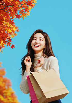 JPG 편집이미지 여자 행복 여유 단풍 모션 자연 표정 미소 웃음 쇼핑 쇼핑백 가을 도시 의료성형뷰티 편집실사 AI인물포토 AI콘텐츠 계절 감정 잎 가방 사람 CG 생태계 파일형식 AI포토