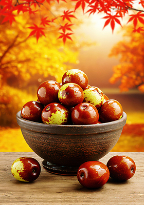 JPG 편집이미지 그릇 음식 컬러 단풍 과일 자연 요리 풍경 빨간색 빛 노란색 가을 대추 편집실사 AI컴퓨터그래픽 AI콘텐츠 식기 계절 잎 CG 생태계 파일형식