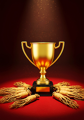 JPG 편집이미지 상징 백그라운드 기념 이벤트 금색 축하 우승 인삼 중앙 배열 트로피 뿌리 장면 세련 이미지편집 AI컴퓨터그래픽 AI콘텐츠 컬러 컨셉 최고 삼 상_우승 파일형식