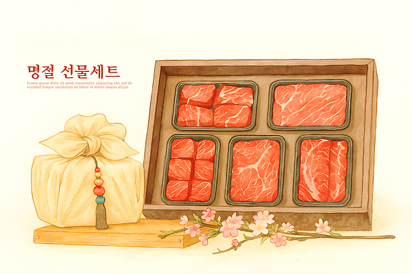 PSD 전통 명절 한식 일러스트 포장 가정 가족 육류 선물 요리 축제 소고기 삼겹살 나무바닥 선물세트 식사준비 명절선물 국내일러스트 기념일 음식 식재료 관계 바닥 돼지고기 준비 파일형식