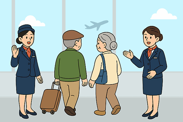 여자 노년 남자 여행 이동 일러스트 친절 비행기 대화 여러명 사무실 짐 공항 직원 서비스 승객 대합실 배웅 체크인 항공사 상호작용 국내일러스트 AI파일 산업 다수 컨셉 비즈니스 항공교통 교통시설 대중교통 말하기 사람 성인 공간 파일형식 벡터