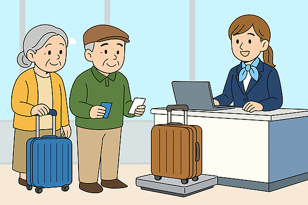 여행 일러스트 친절 대화 노부부 희망 정보 짐 비행 대기 공항 계산대 항공권 고객 직원 서비스 수하물 여행준비 체크인 국내일러스트 AI파일 부부 감정 교통시설 말하기 티켓 준비 파일형식 벡터