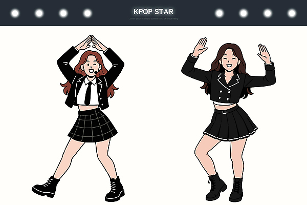 여자 예술 음악 상징 포즈 일러스트 유행 공연 댄서 에너지 무대 표현 춤 군중 즐거움 상쾌 스타 퍼포먼스 스타일 국내일러스트 AI파일 직업 감정 문화예술 사람 이벤트 파일형식 벡터