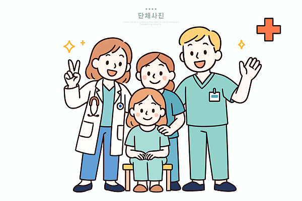 일러스트 의학 협력 친절 건강 병원 웃음 치료 만남 환자 간호사 의료진 의사 간호 직원 공동체 돌봄 전문 지원 국내일러스트 AI파일 직업 컨셉 모션 표정 파일형식 벡터