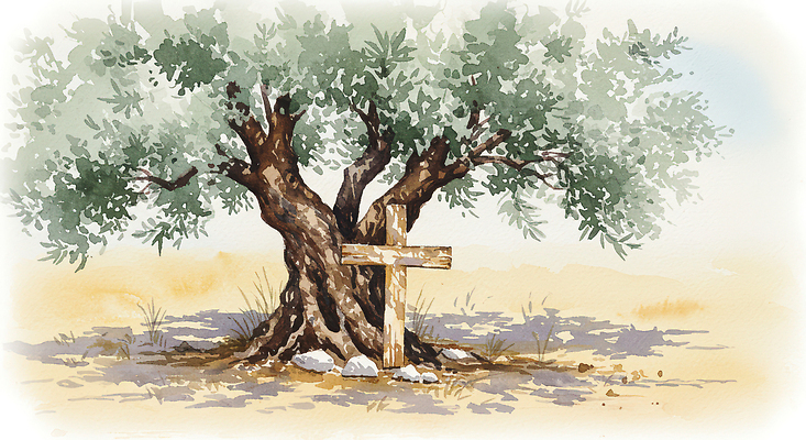 JPG 나무 종교 상징 십자가 일러스트 자연 생명 따뜻함 풍경 평화 고요 땅 힐링 조용 나무밑둥 나란히 올리브나무 전경 국내일러스트 AI일러스트 AI콘텐츠 식물 컨셉 생태계 파일형식 탑뷰