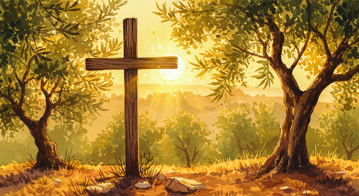 JPG 나무 기독교 종교 여유 십자가 일러스트 자연 아침 풍경 초원 빛 평화 일출 시골 땅 언덕 명상 뷰티풀 올리브나무 국내일러스트 AI일러스트 AI콘텐츠 주간 식물 감정 컨셉 노을 생태계 파일형식