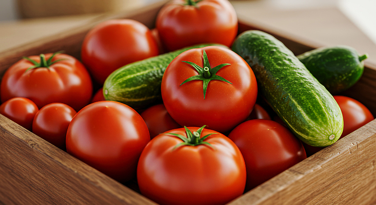 JPG 편집이미지 토마토 채소 자연 아침 오이 건강 여름 햇빛 농장 농사 신선 나무상자 유기농 식욕 편집실사 AI포토 AI콘텐츠 주간 웰빙 계절 농업 상자 태양 CG 생태계 파일형식