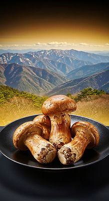 JPG 편집이미지 접시 음식 여행 재료 자연 산 풍경 야외 촬영 식사 버섯 신선 송이버섯 조화 뷰티풀 산맥 이미지편집 AI컴퓨터그래픽 AI콘텐츠 식기 생태계 파일형식