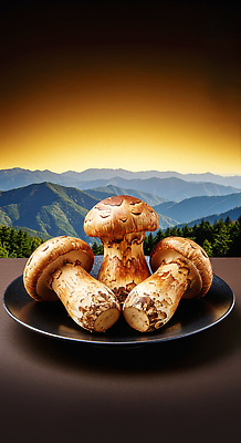 JPG 식물 편집이미지 접시 자연 아침 산 건강 요리 햇빛 식사 버섯 송이버섯 고산지대 경관 이미지편집 AI컴퓨터그래픽 AI콘텐츠 주간 식기 풍경 태양 생태계 파일형식