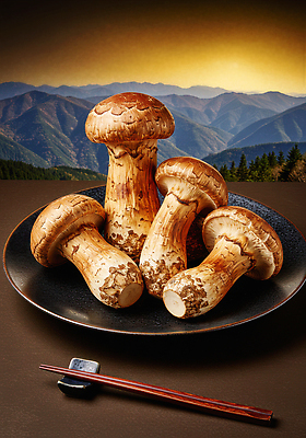 JPG 편집이미지 음식 자연 식탁 탁자 산 요리 풍경 식사 버섯 신선 맛 채식 송이버섯 이미지편집 AI컴퓨터그래픽 AI콘텐츠 가구 컨셉 생태계 파일형식