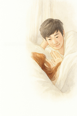 JPG 손 커플 행복 감정 얼굴 일러스트 아침 따뜻함 대화 사랑 미소 웃음 이불 침대 포근함 편안함 교감 순간 국내일러스트 AI일러스트 AI콘텐츠 주간 가구 관계 침구 표정 말하기 신체부위 감각 파일형식