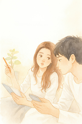 JPG 커플 여자 남자 행복 감정 여유 일러스트 관계 실내 대화 사랑 일상 스마트폰 쌍 포근함 편안함 주말 소통 국내일러스트 AI일러스트 AI콘텐츠 컨셉 말하기 사람 내부 라이프 핸드폰 스마트기기 감각 파일형식