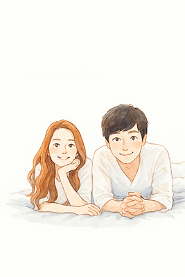 JPG 디자인 커플 행복 감정 여유 일러스트 관계 함께함 사랑 미소 웃음 사람 침대 시간 그리기 분위기 편안함 소통 국내일러스트 AI일러스트 AI콘텐츠 가구 컨셉 모션 표정 감각 파일형식