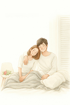 JPG 커플 꽃 행복 감정 여유 일러스트 아침 따뜻함 사랑 웃음 일상 방 침대 포근함 편안함 레시피 감싸기 국내일러스트 AI일러스트 AI콘텐츠 주간 식물 가구 관계 모션 표정 라이프 감각 파일형식