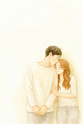 JPG 커플 여자 남자 행복 감정 일러스트 관계 포옹 함께함 따뜻함 사랑 미소 귀여움 편안함 일과 설렘 순간 국내일러스트 AI일러스트 AI콘텐츠 컨셉 안기 표정 사람 감각 파일형식