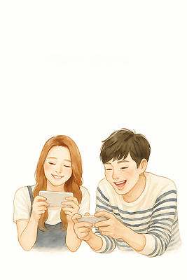 JPG 행복 감정 컬러 일러스트 모션 협력 대화 웃음 취미 친구 스마트폰 디지털 스크린 기쁨 게임 즐거움 소통 순간 국내일러스트 AI일러스트 AI콘텐츠 컨셉 관계 놀이 표정 말하기 핸드폰 스마트기기 파일형식