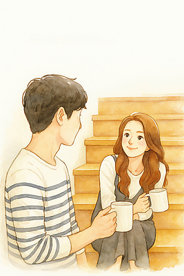 JPG 여자 남자 커피 일러스트 휴식 주택 따뜻함 표정 이야기 대화 상반신 일상 친구 청춘 계단 만남 분위기 즐거움 추천 인연 소통 국내일러스트 AI일러스트 AI콘텐츠 감정 음료 컨셉 관계 말하기 사람 건물 라이프 파일형식