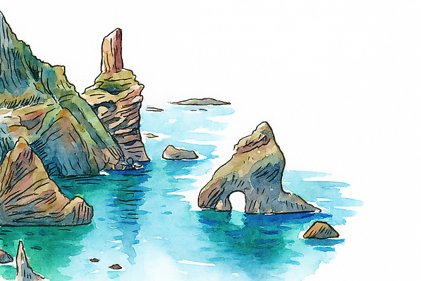 JPG 바다 섬 여행 일러스트 자연 풍경 해변 여름 태양 절벽 바위 수면 기암괴석 지형 독도 산수화 탐방 국내일러스트 AI일러스트 AI콘텐츠 자연요소 계절 한국 물 돌_바위 바위_돌 동양화 생태계 파일형식