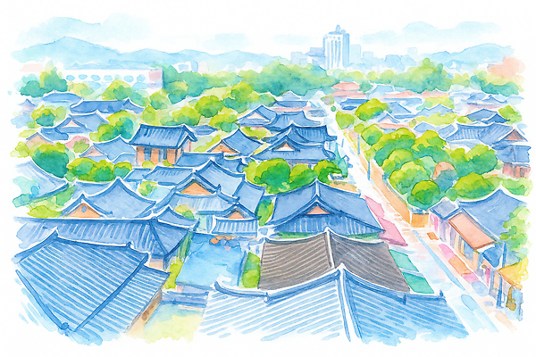 JPG 나무 전통 문화 여행 고건축 일러스트 자연 아침 한옥 한국 풍경 건물 고요 도시 역사 조화 뷰티풀 색감 전주한옥마을 국내일러스트 AI일러스트 AI콘텐츠 주간 식물 한국전통 건축물 아시아 생태계 한옥마을 전주 파일형식