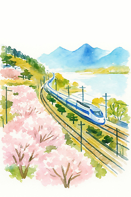JPG 꽃 여행 겨울 일러스트 자연 하늘 산 한국 풍경 평화 일출 봄 기찻길 기차 벚꽃 그림 화사함 기온 만개 뷰티풀 국내일러스트 AI일러스트 AI콘텐츠 식물 계절 아시아 육상교통 컨셉 날씨 대중교통 노을 생태계 파일형식