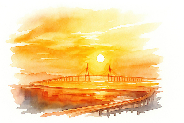 JPG 구름 여유 물결 여행 일러스트 자연 하늘 수채화 풍경 평화 고요 일몰 조화 뷰티풀 인천대교 풍경화 활용 가교 수평선 국내일러스트 AI일러스트 AI콘텐츠 자연요소 건축물 감정 컨셉 노을 다리_건축물 그림 생태계 인천 파일형식