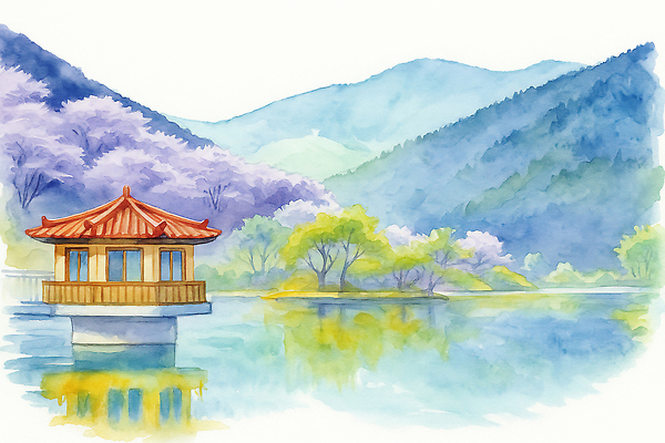 JPG 나무 전통 꽃 호수 여행 일러스트 자연 수채화 산 한국 풍경 야외 물 평화 보라색 정자 힐링 조경 뷰티풀 서산 용비지 차분 국내일러스트 AI일러스트 AI콘텐츠 자연요소 식물 건축물 아시아 컬러 컨셉 충청남도 생태계 파일형식