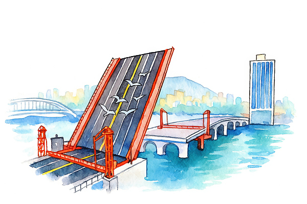 JPG 건축물 예술 여행 일러스트 조류 하늘 수채화 풍경 물 도시 찡그림 그림 관람 부산 통과 부산영도대교 뷰티풀 오후 창의성 가교 선박 경관 국내일러스트 AI일러스트 AI콘텐츠 자연요소 동물 건축 수상교통 한국 표정 다리_건축물 파일형식